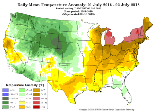 Oregon State University Prism temperature analysis for July 1-2, 2018, 