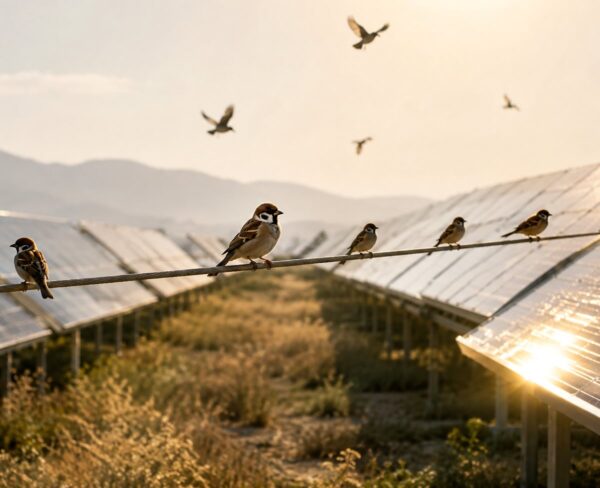 Birds perched among solar panel arrays. birds solar farm