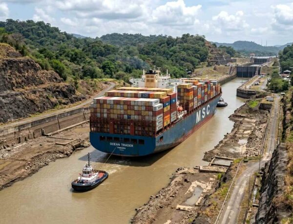 Large container ship moving through the Panama Canal during low-water conditions.