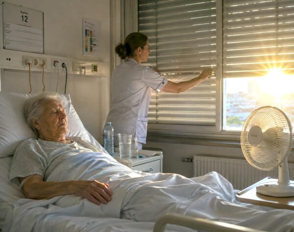Elderly patient in a Belgian hospital room during a summer heat wave. hospital room no ac