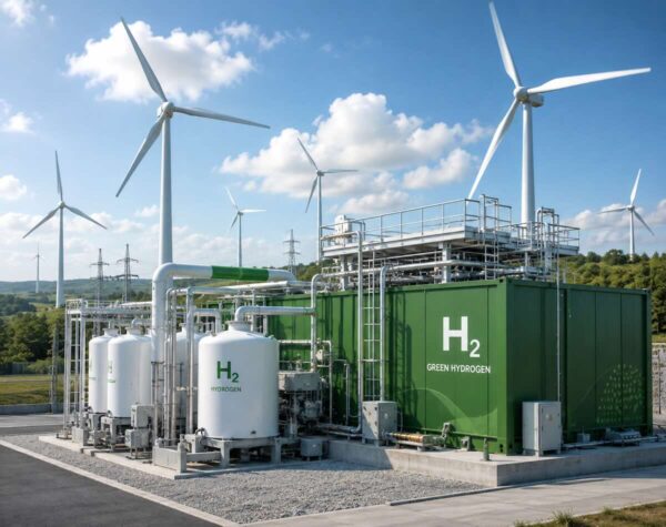 A green hydrogen production facility powered by wind energy. hydrogen electrolysis wind