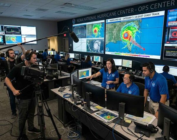 AI illustration of news media covering extreme weather monitoring. noaa hurricane news coverage