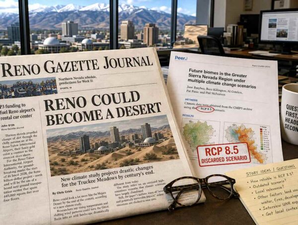 AI-generated illustration of the desert future projected for Reno using the discarded RCP 8.5 emissions scenario. reno gazette climate scare
