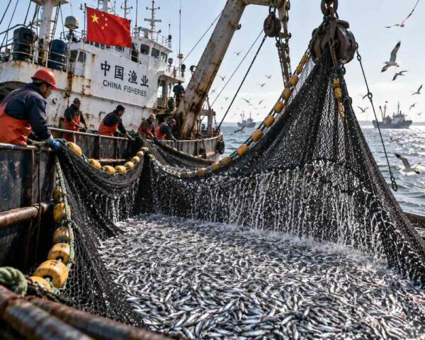 China’s massive fishing fleet puts pressure on global sardine stocks. AI image. chinese sardine fishing