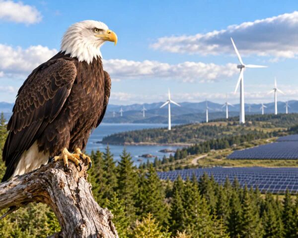 Bald eagle overlooking wind turbines and solar panels amid debate over Endangered Species Act changes. eagle overlooks wind farm