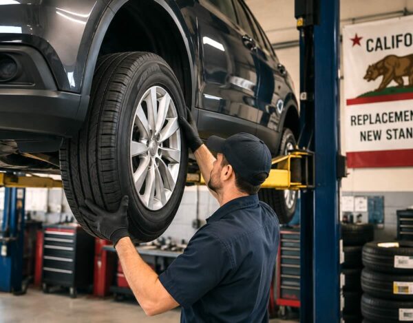A California mechanic swaps in a new and more costly replacement tire. 